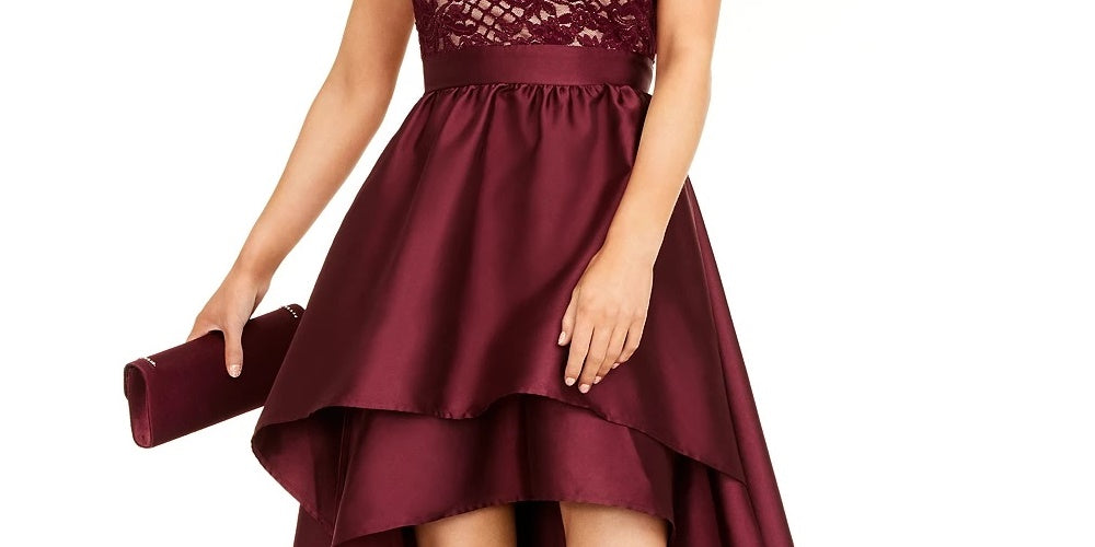 Emerald Sundae Women's Lace Solid Halter Maxi Hi Lo Formal Dress Red Size 15