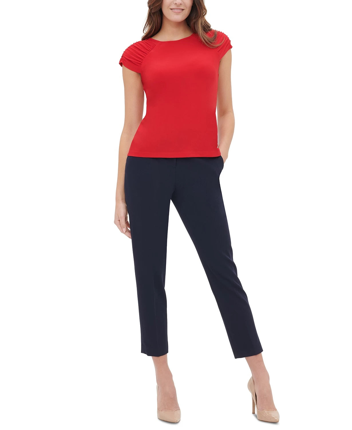 Tommy Hilfiger Women's Ruched-Sleeve Top Medium Red Size Extra Small