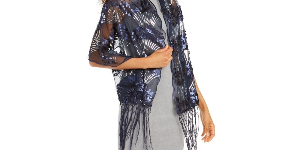 INC International Concepts Women's Art Deco Sequin Wrap Navy Size Regular