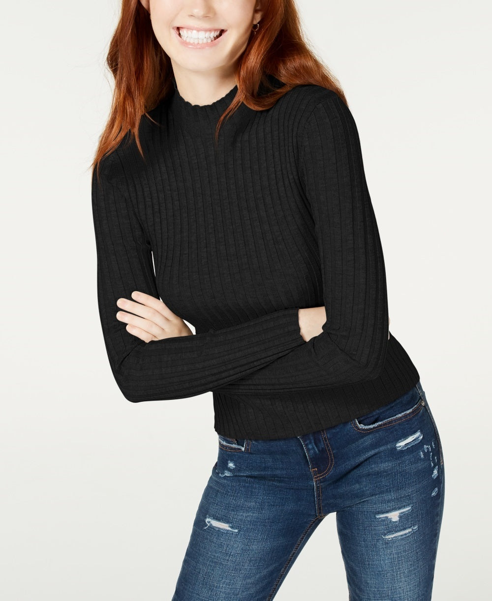 Hooked Up By Iot Junior's Rib Knit Mock Turtleneck Sweater Black Size Large