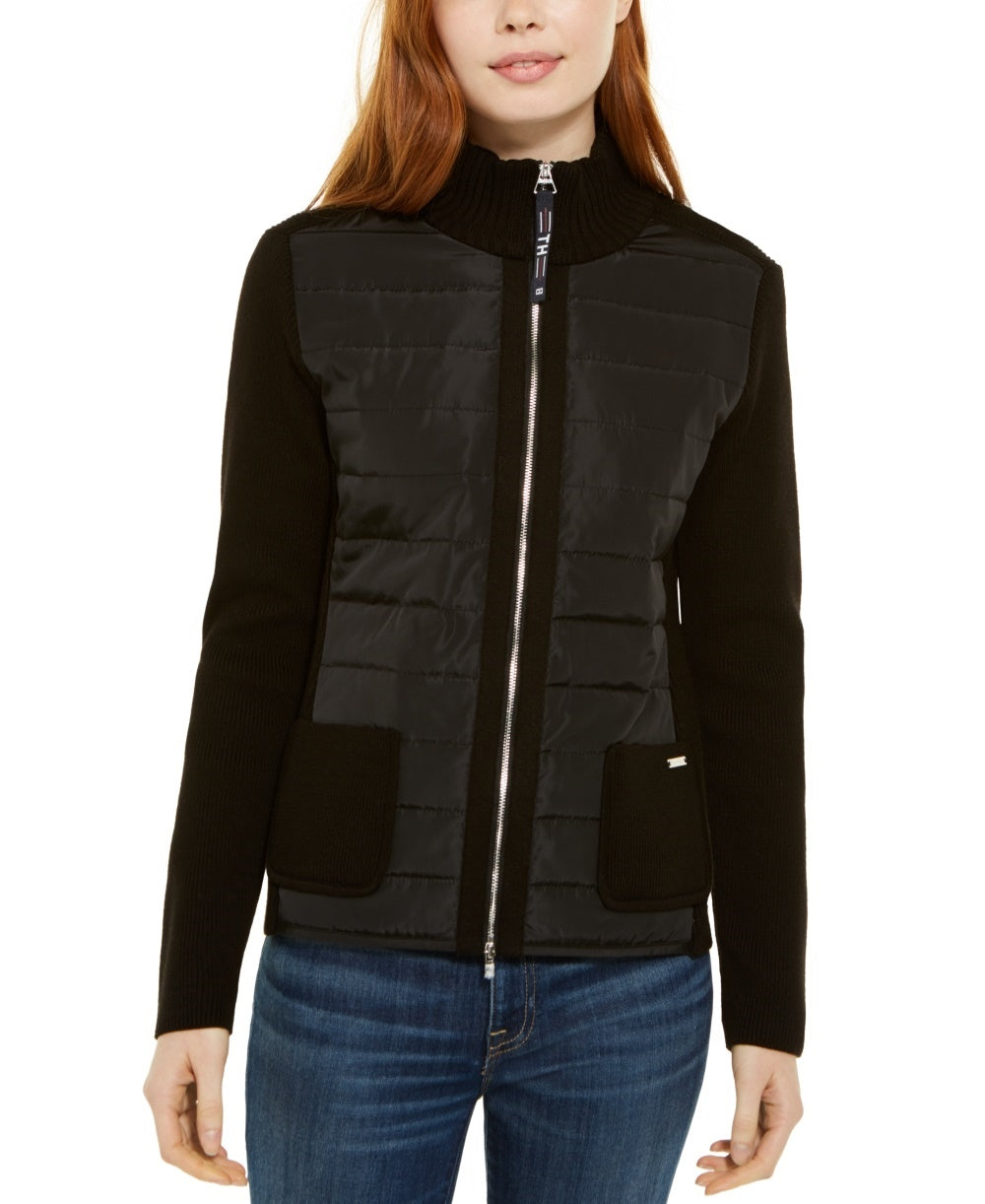 Tommy Hilfiger Women's Puffer-Front Sweater Jacket Black Size Small