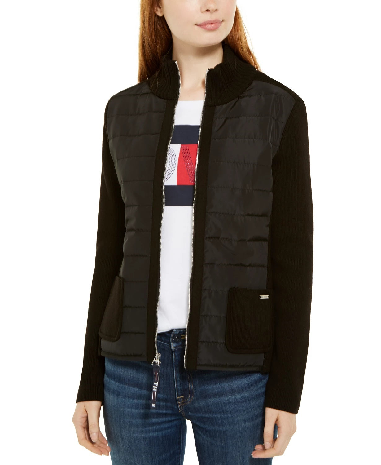 Tommy Hilfiger Women's Puffer-Front Sweater Jacket Black Size Small