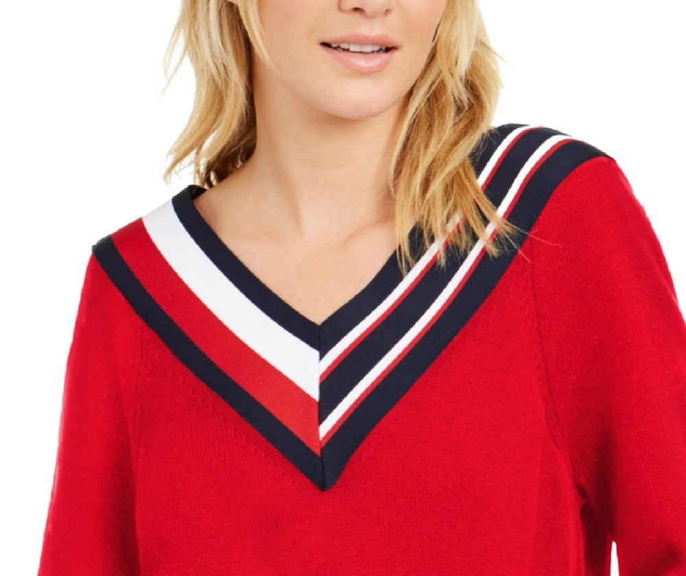 Tommy Hilfiger Women's Striped V-Neck Sweater Red Size X-Large