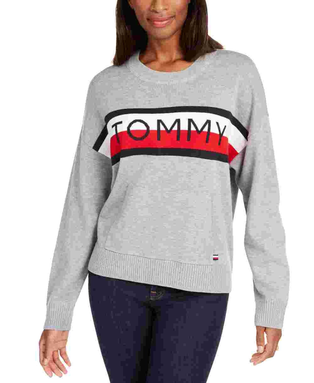 Tommy Hilfiger Women's  Colorblocked Crewneck Sweater Gray Size Medium