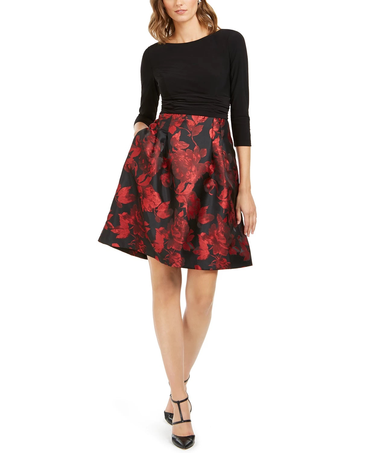 Jessica Howard Women's Floral Long Sleeve Boat Neck Short Fit Flare Evening Dress Red Size 12 Petite