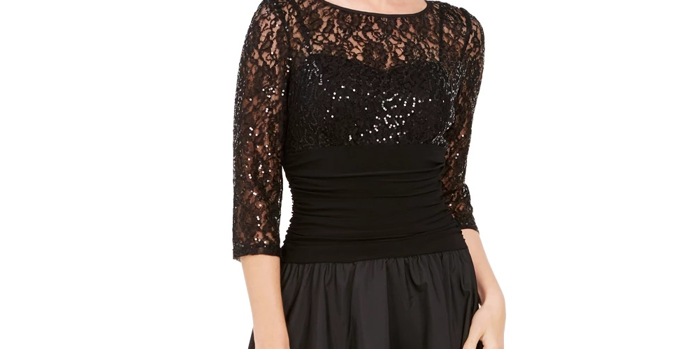 Jessica Howard Women's Sequined 3/4 Sleeve Illusion Neckline Below The Knee Fit Flare Evening Dress Black Size 6 Petite