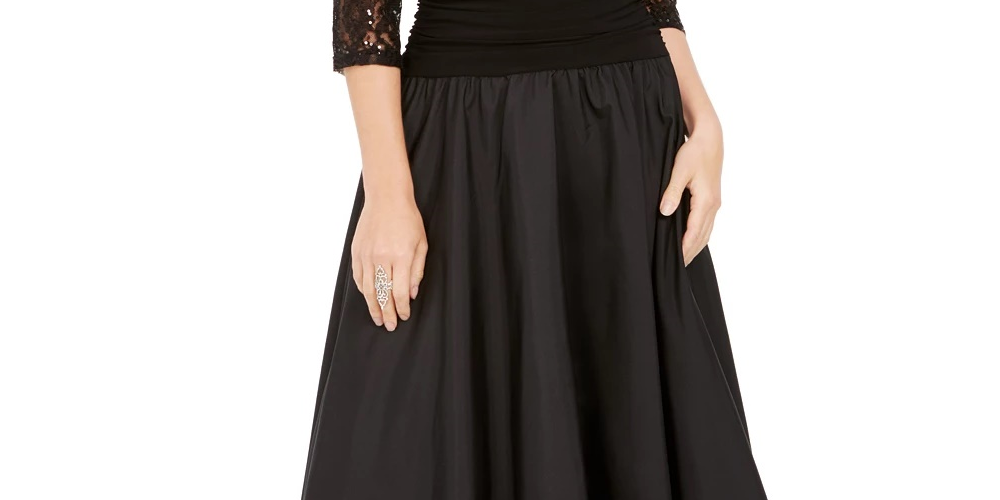 Jessica Howard Women's Sequined 3/4 Sleeve Illusion Neckline Below The Knee Fit Flare Evening Dress Black Size 6 Petite