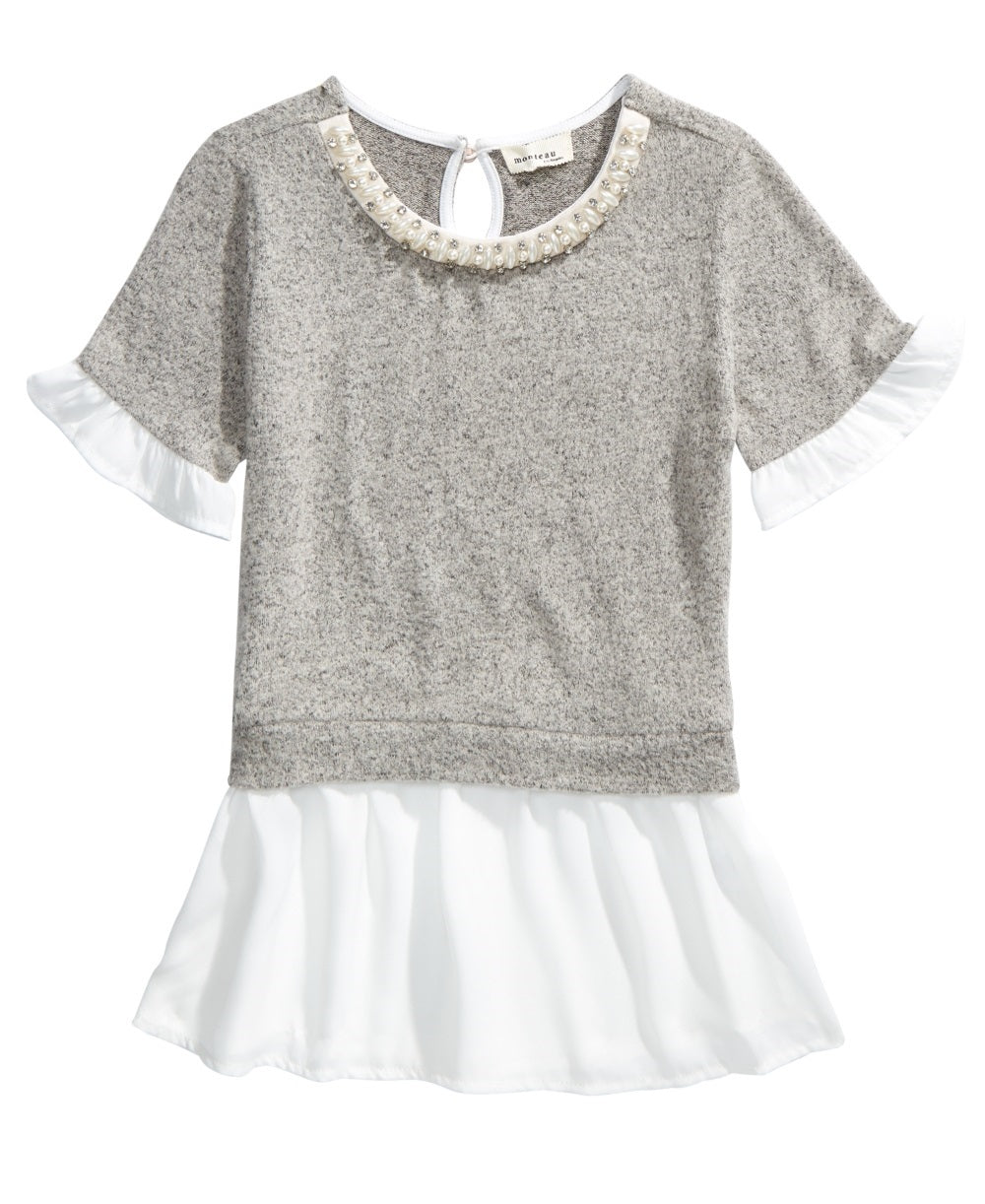 Monteau Big Girl's Embellished Layered Look Top Grey Size X-Large
