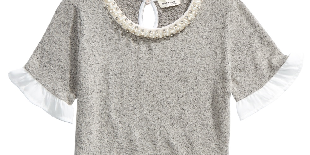 Monteau Big Girl's Embellished Layered Look Top Grey Size X-Large