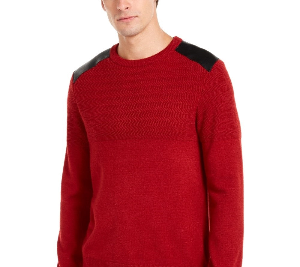 Guess Men's Herringbone Sweater With Faux Leather Piecing Red Size Large