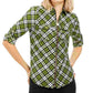 Michael Kors Women's Zippered Plaid Long Sleeve Collared Top Green Size Medium