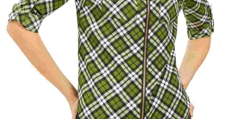 Michael Kors Women's Zippered Plaid Long Sleeve Collared Top Green Size Medium