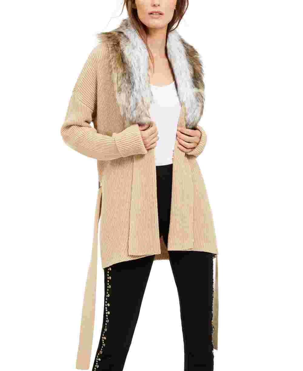 Michael Kors Women's Beige Faux Fur Tie Solid Long Sleeve Open Cardigan T-Shirt Sweater Beige Khaki Size X-Large