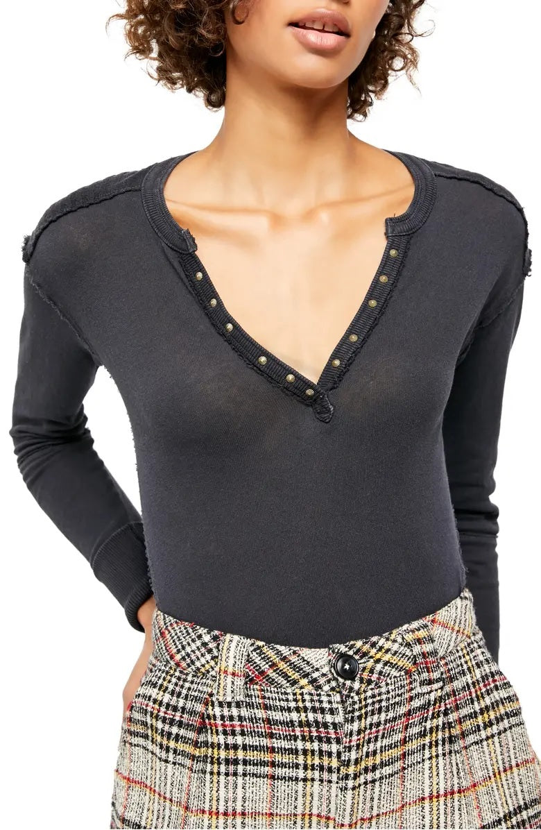 Free People Women's Military Mix Henley Combo Charcoal Size Small