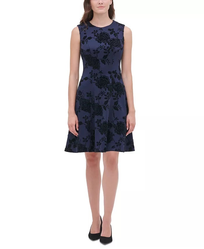 Tommy Hilfiger Women's Petite Flocked Velvet Fit & Flare Dress Black Size 2 P