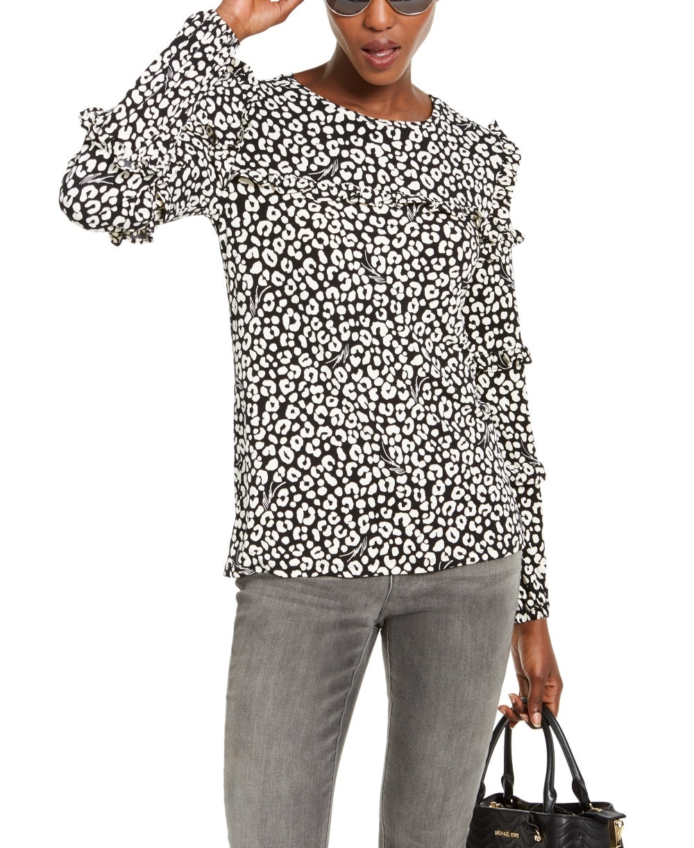 Michael Kors Women's Flat Cat Printed Ruffled Sleeve Top White Size Petite Medium