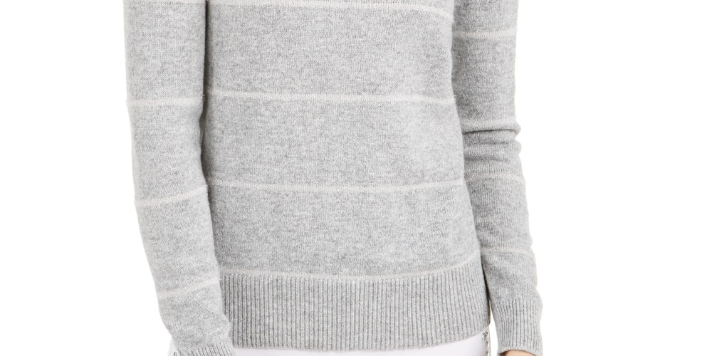Michael Kors Women's Tinsel Striped Sweater Pearl Heather Gray Size Petite Large