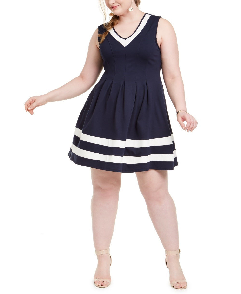 Monteau Women's Trendy Plus Striped Hem Fit & Flare Dress Navy Size XX-Large