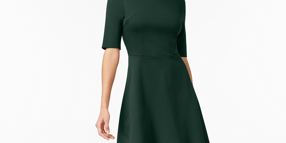 Monteau Women's Scalloped Neck Fit & Flare Dress Green Size Petite X-Large