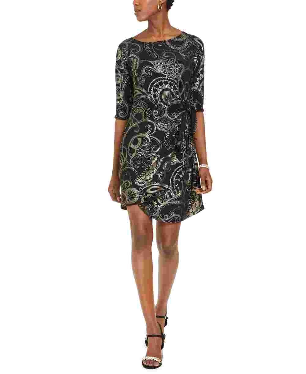 Robbie Bee Women's Printed Jewel Neck Cocktail Dress Black Size Petite Small