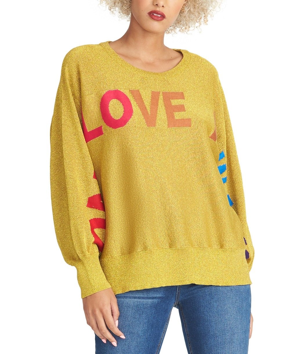 Rachel Roy Women's Metallic Love Graphic Sweater Yellow Size X-Small