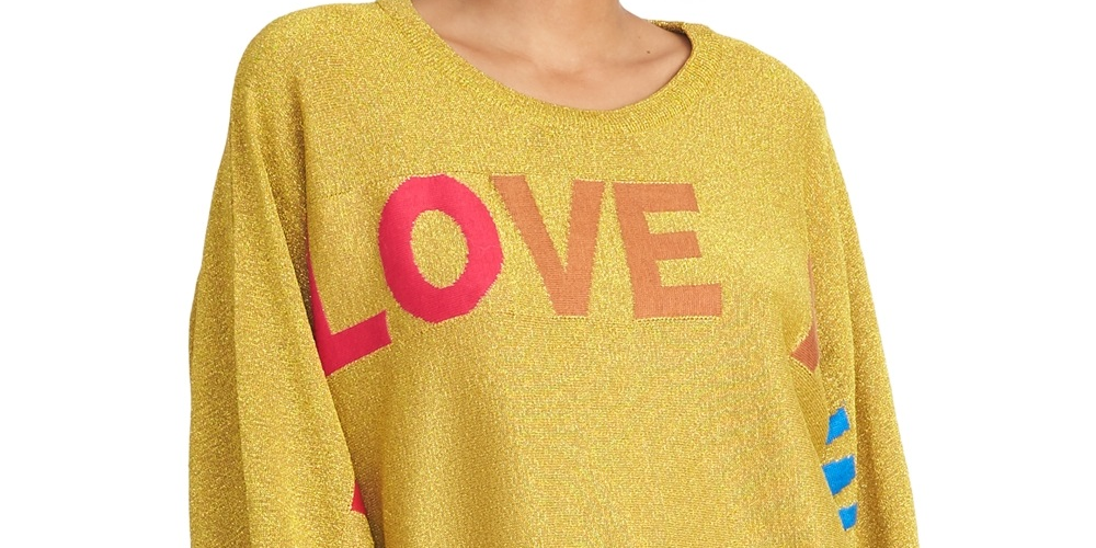 Rachel Roy Women's Metallic Love Graphic Sweater Yellow Size X-Small