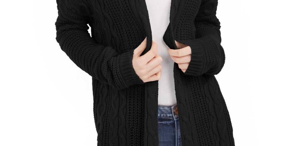 Ultra Flirt Juniors' Cable Knit Open-Front Cardigan Black Size Large