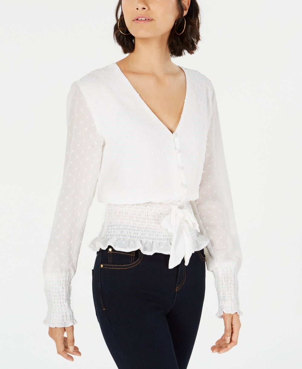 Q & A Women;s Smocked Tie-Front Blouse White Size Medium