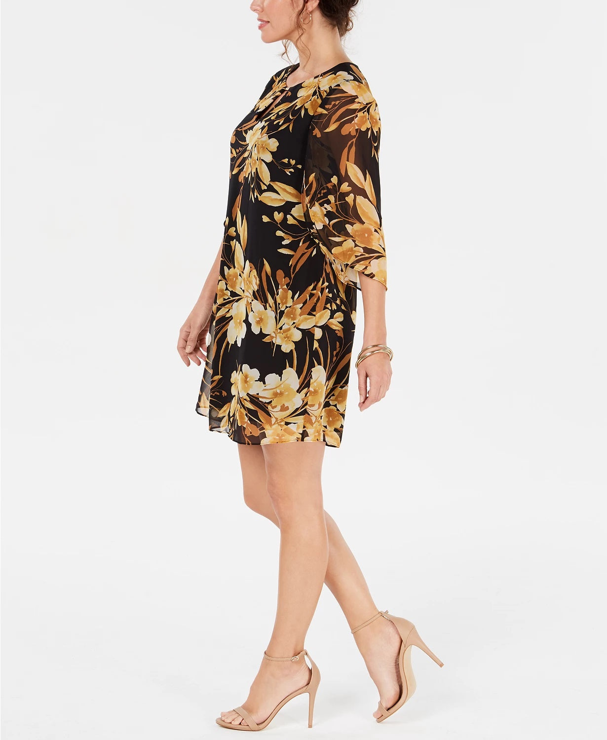 Connected Women's Petite Floral Chiffon Keyhole Dress Dark Yellow Size 4P