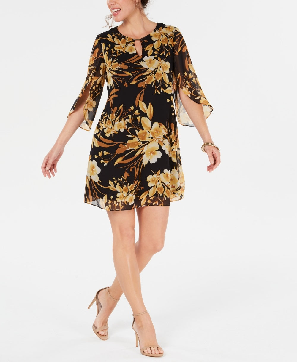 Connected Women's Floral Chiffon Keyhole Dress Dark Yellow Size 8 Petite