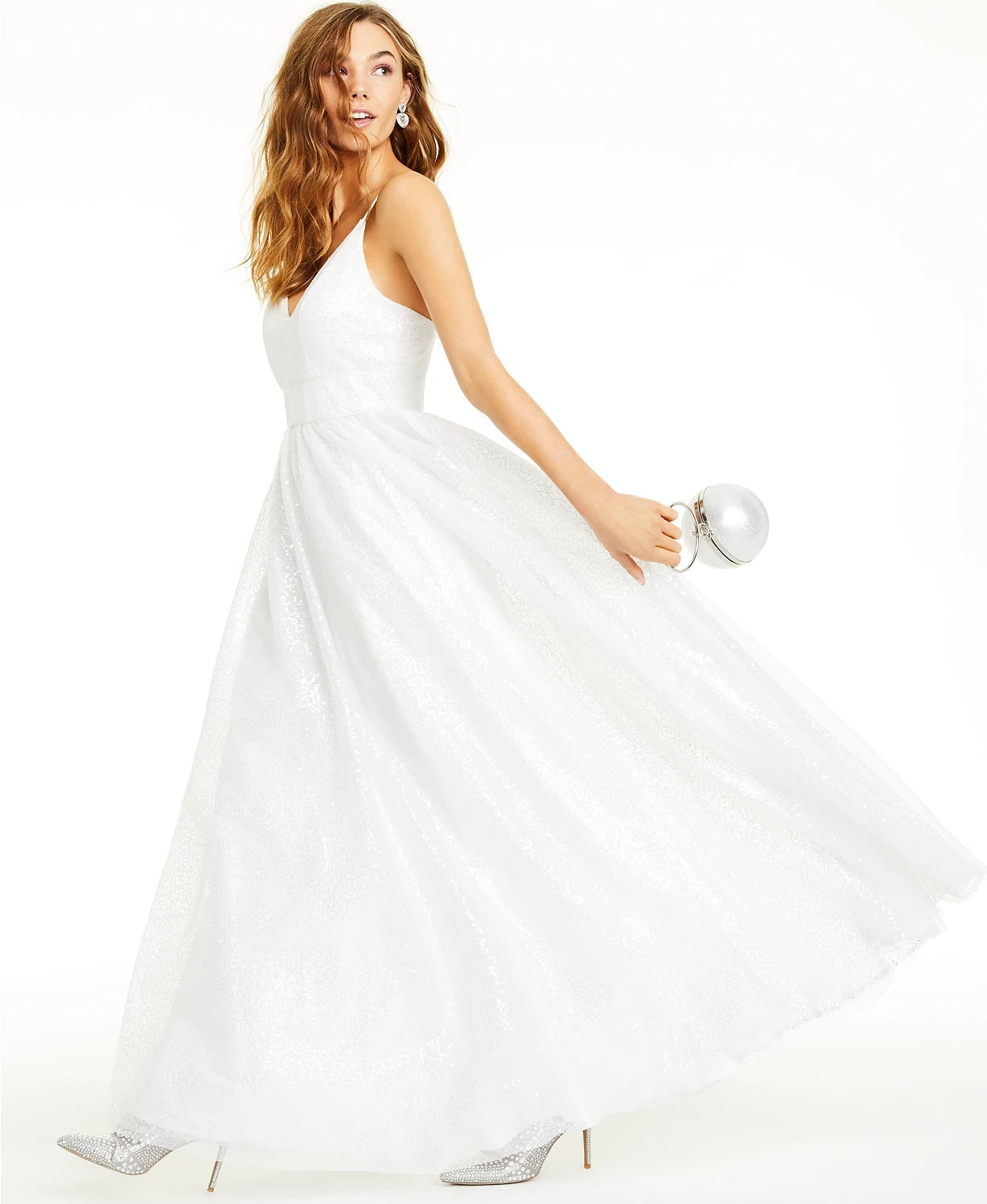 Crystal Doll Juniors' Sequin V-Neck Gown White Size 11