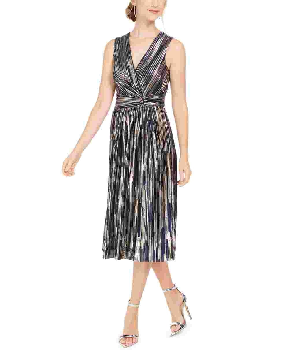 INC International Concept Women's Surplice Metallic Midi Dress Blue Size 4