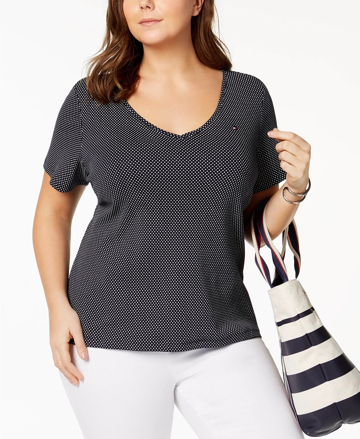 Tommy Hilfiger Women's Plus Polka Dot Cotton V Neck T Shirt Navy Size 3X