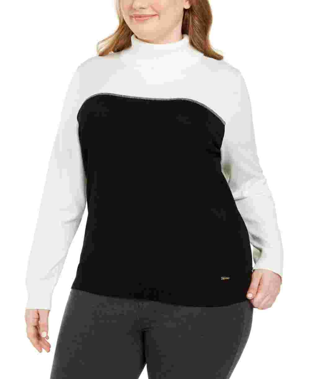 Calvin Klein Women's Plus Size Colorblocked Turtleneck Sweater White Size 1X
