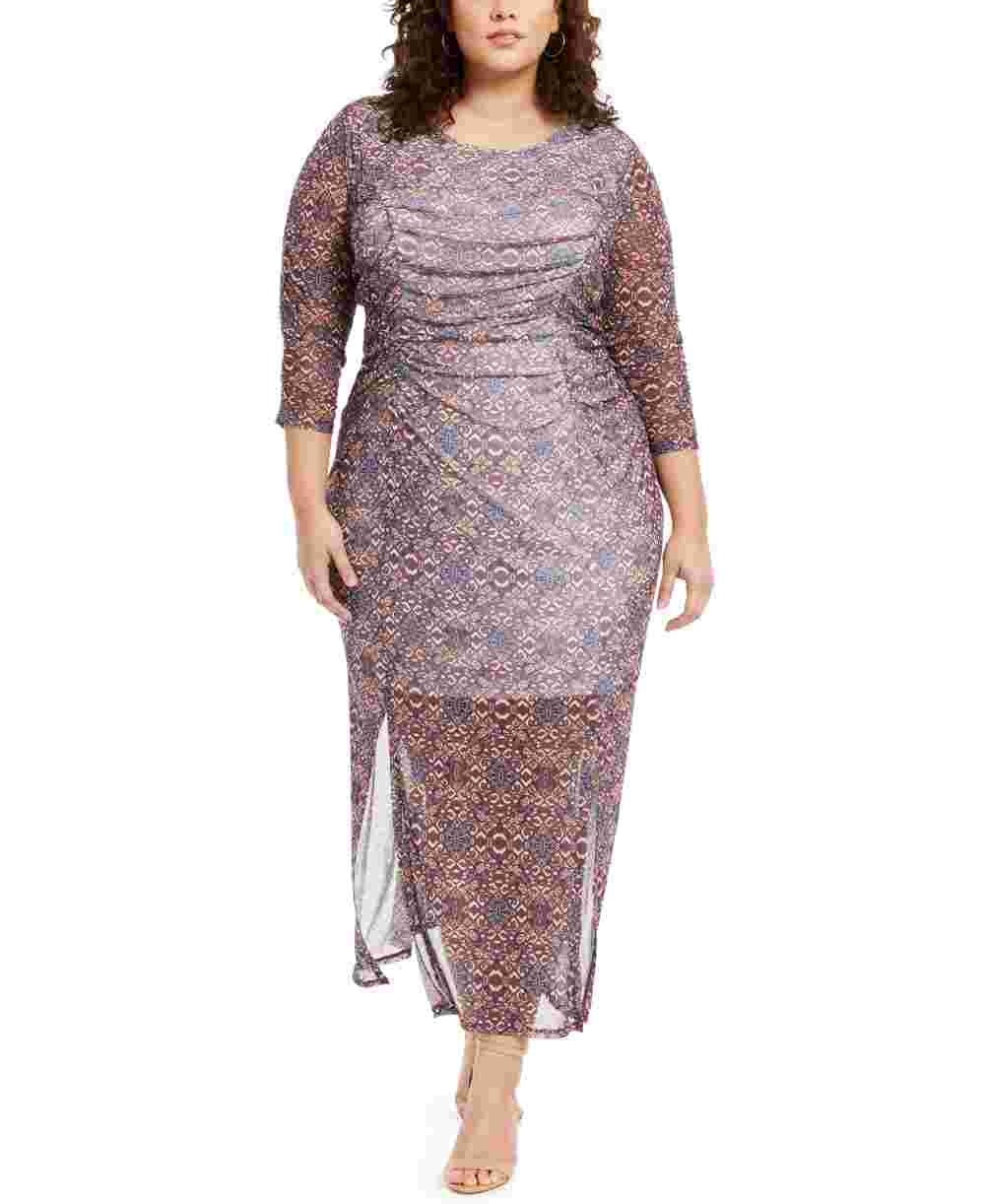 NY Collection Women's Plus Size Printed Double Slit Maxi Dress Purple Size 1X