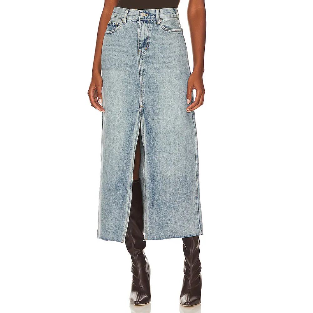 Steve Madden Women's Avani Front-Slit Denim Maxi Skirt Blue
