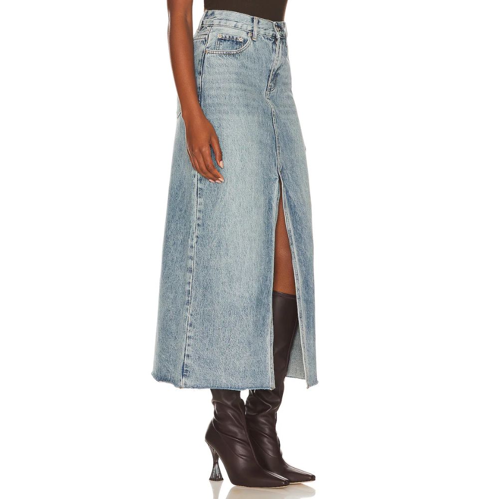 Steve Madden Women's Avani Front-Slit Denim Maxi Skirt Blue