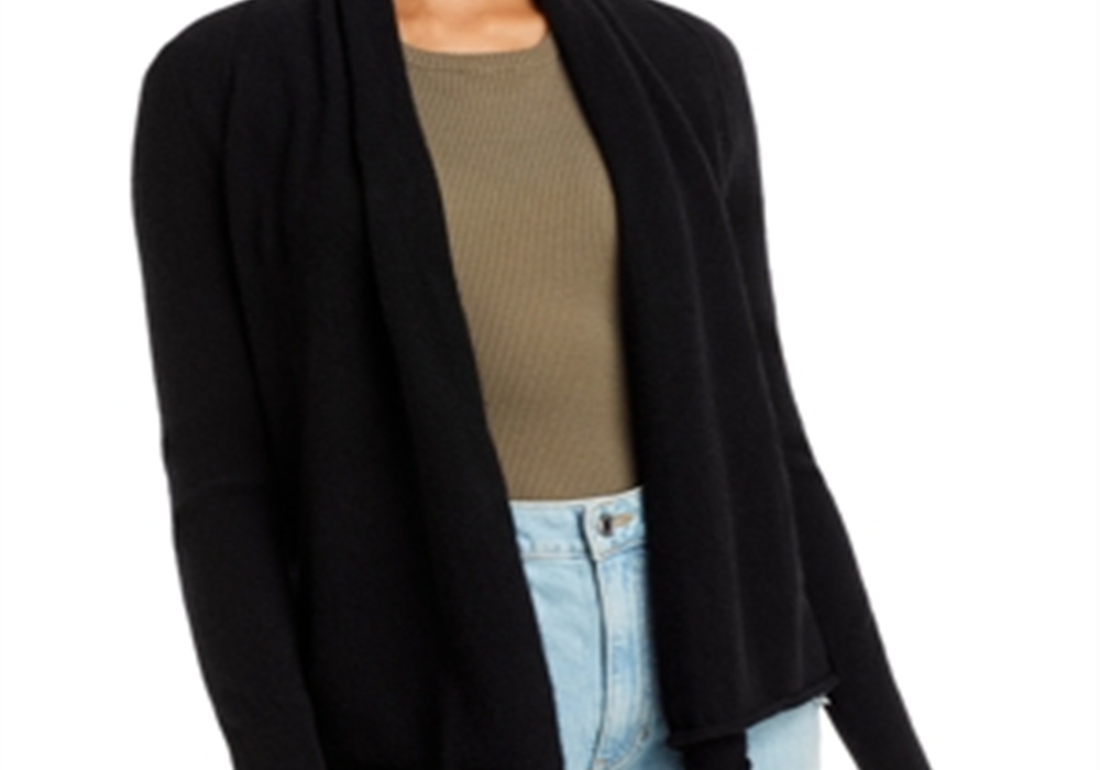 Aqua Cashmere Draped Open-Front Cashmere Cardigan Black Size S