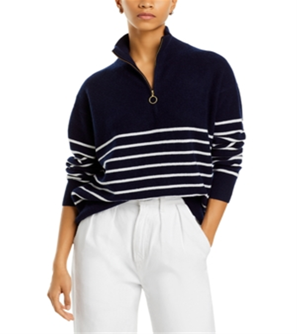 C by Bloomingdale's Cashmere Mock Neck Quarter Zip Striped Cashmere Sweater Navy Size S
