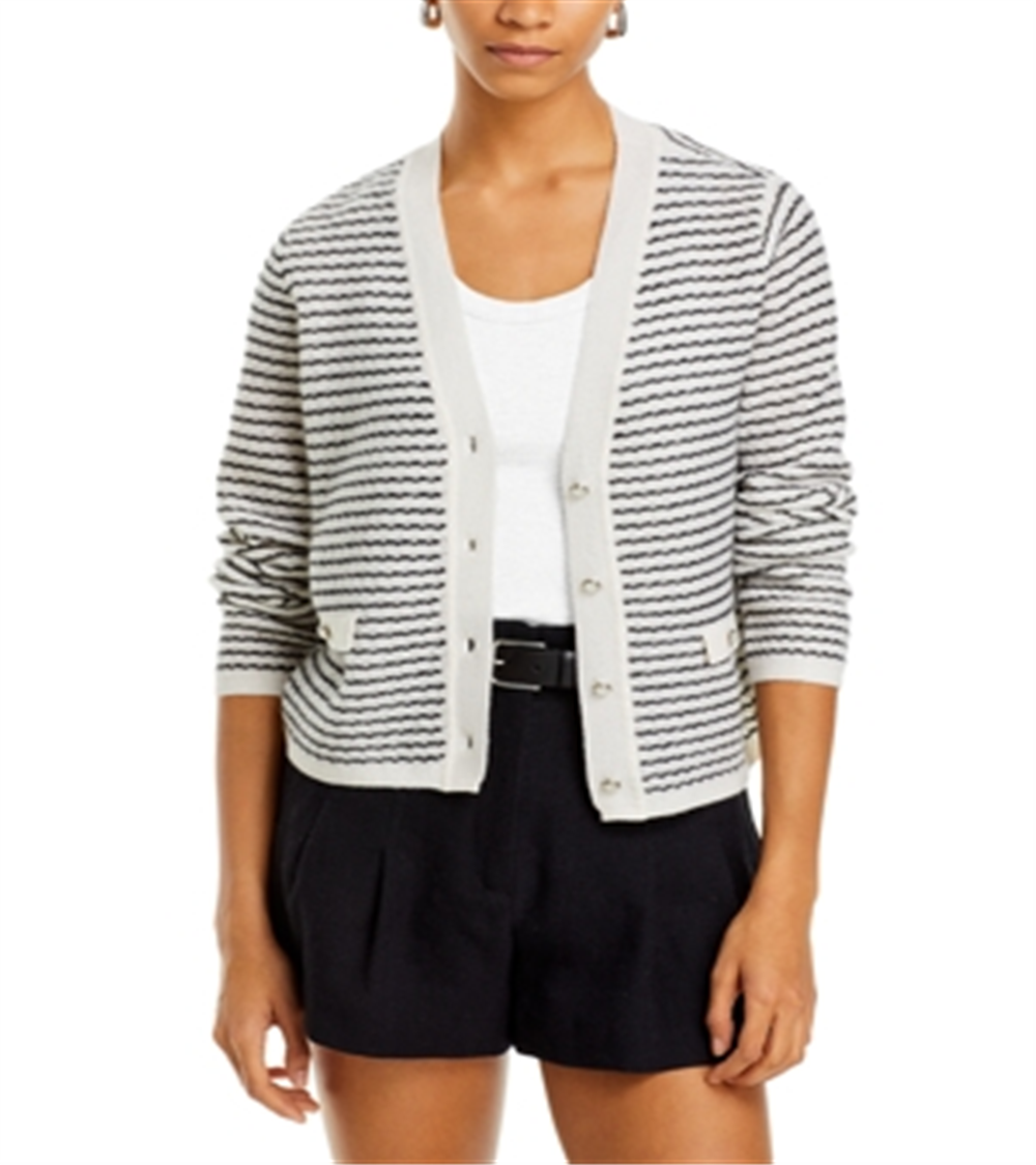 C by Bloomingdale's Cashmere Striped Tweed Stitch V Neck Cardigan White Size XL