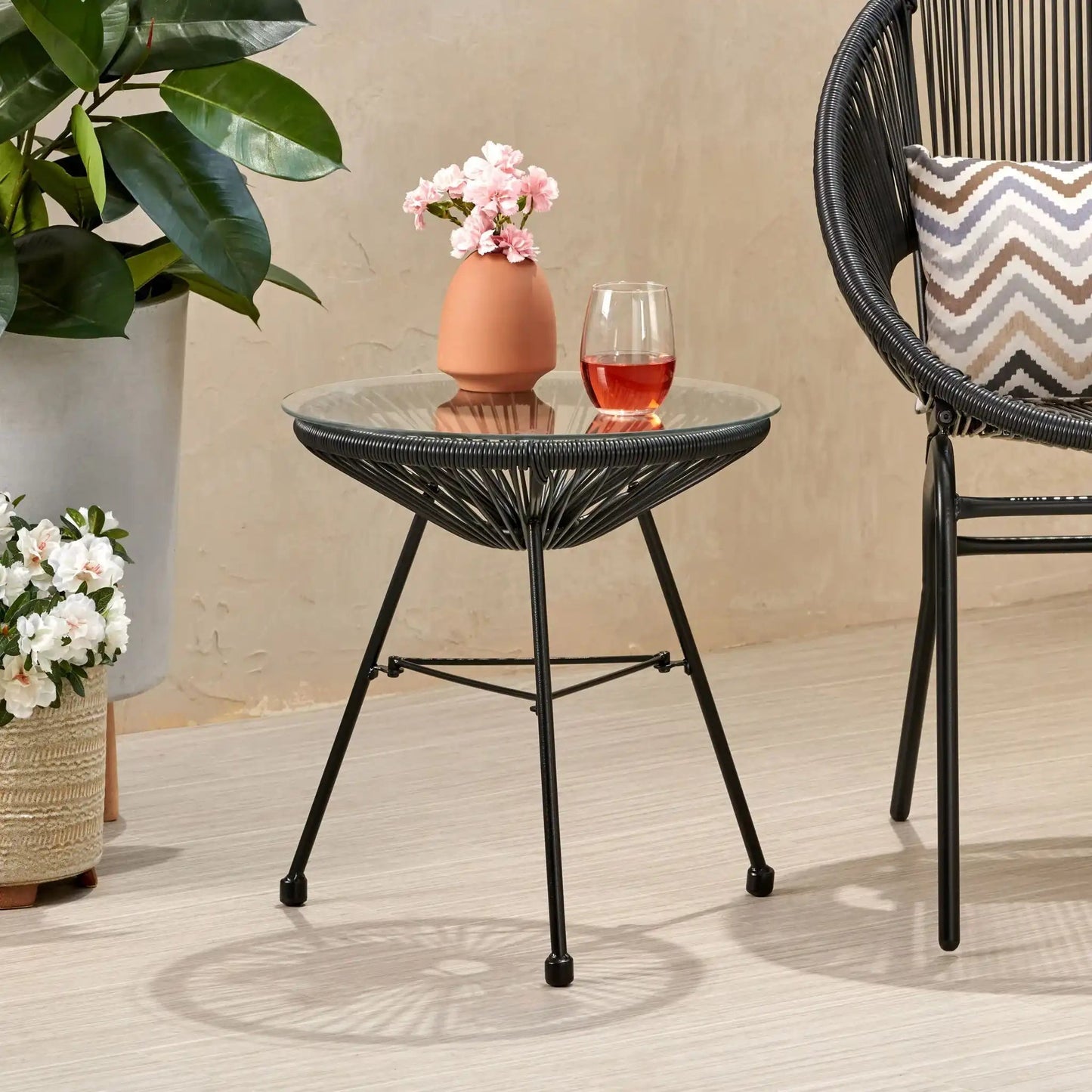 Nusa Modern Rattan Side Table With Tempered Glass Top