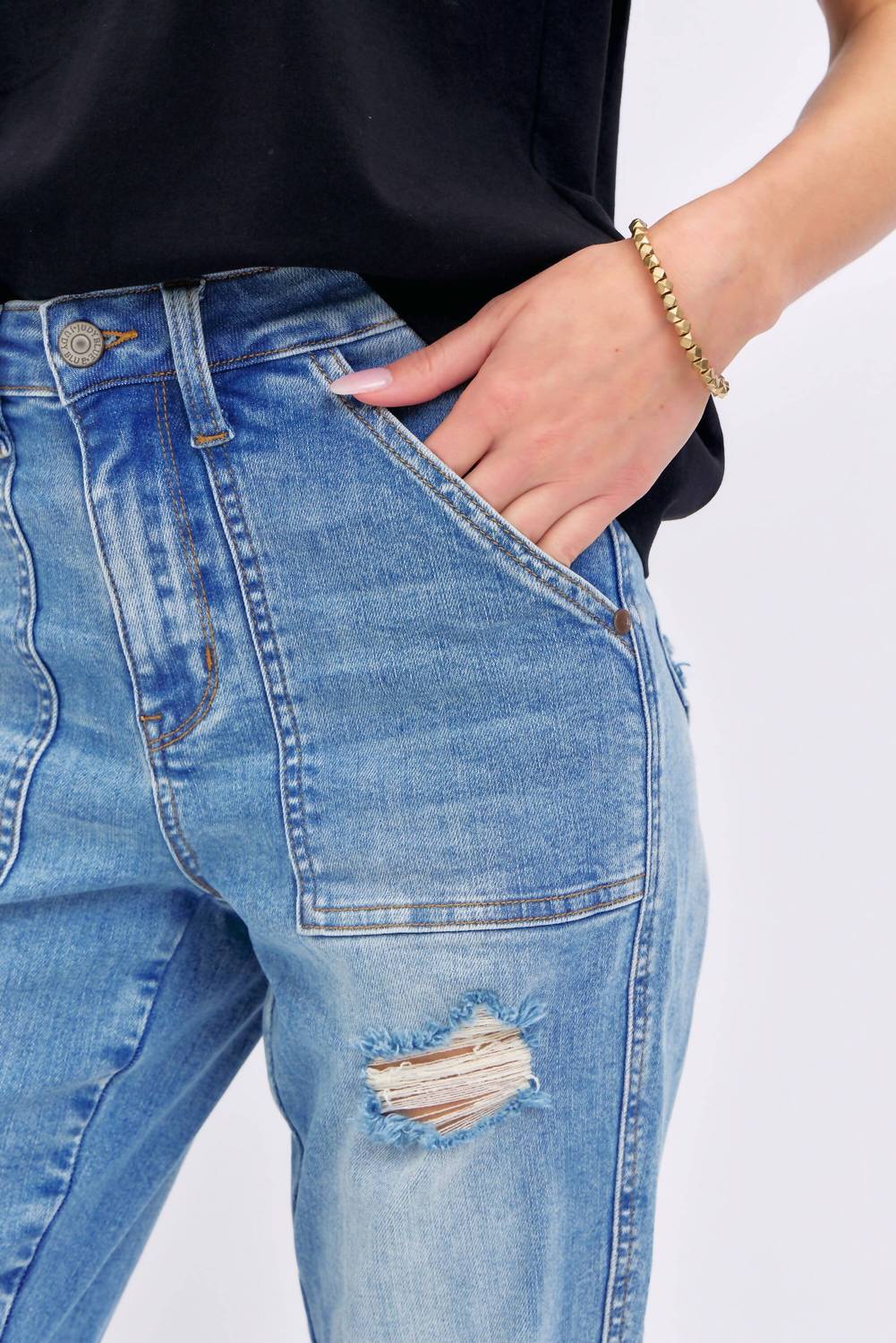 Judy Blue - High Waisted Distressed Boyfriend Jeans With Patch Pocket