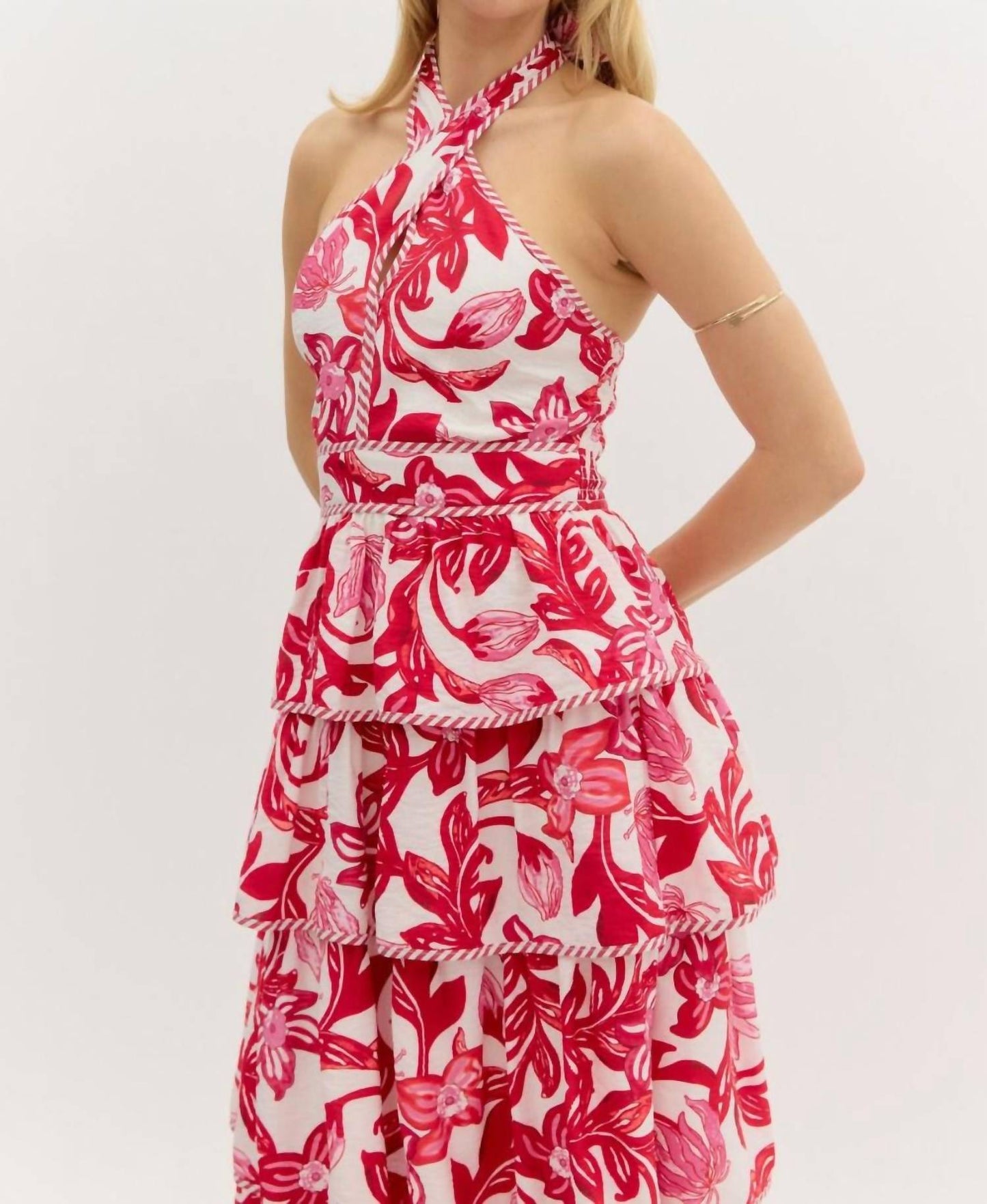 Entro - Halter Bow Tied Tiered Paisley Midi Dress