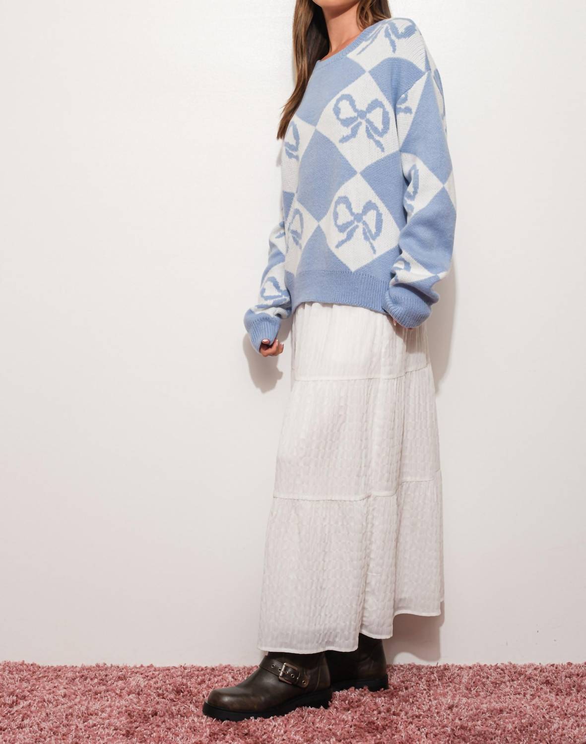 Pretty Garbage - Bow Checkered Knit Sweater