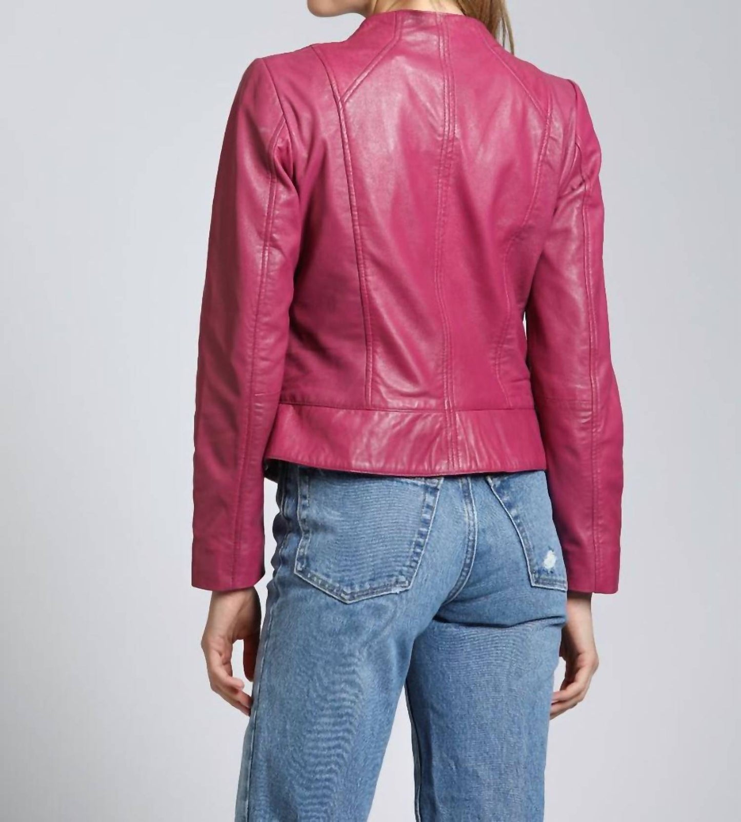 11 Uptown - Collarless Lamb Leather Zip Up Jacket