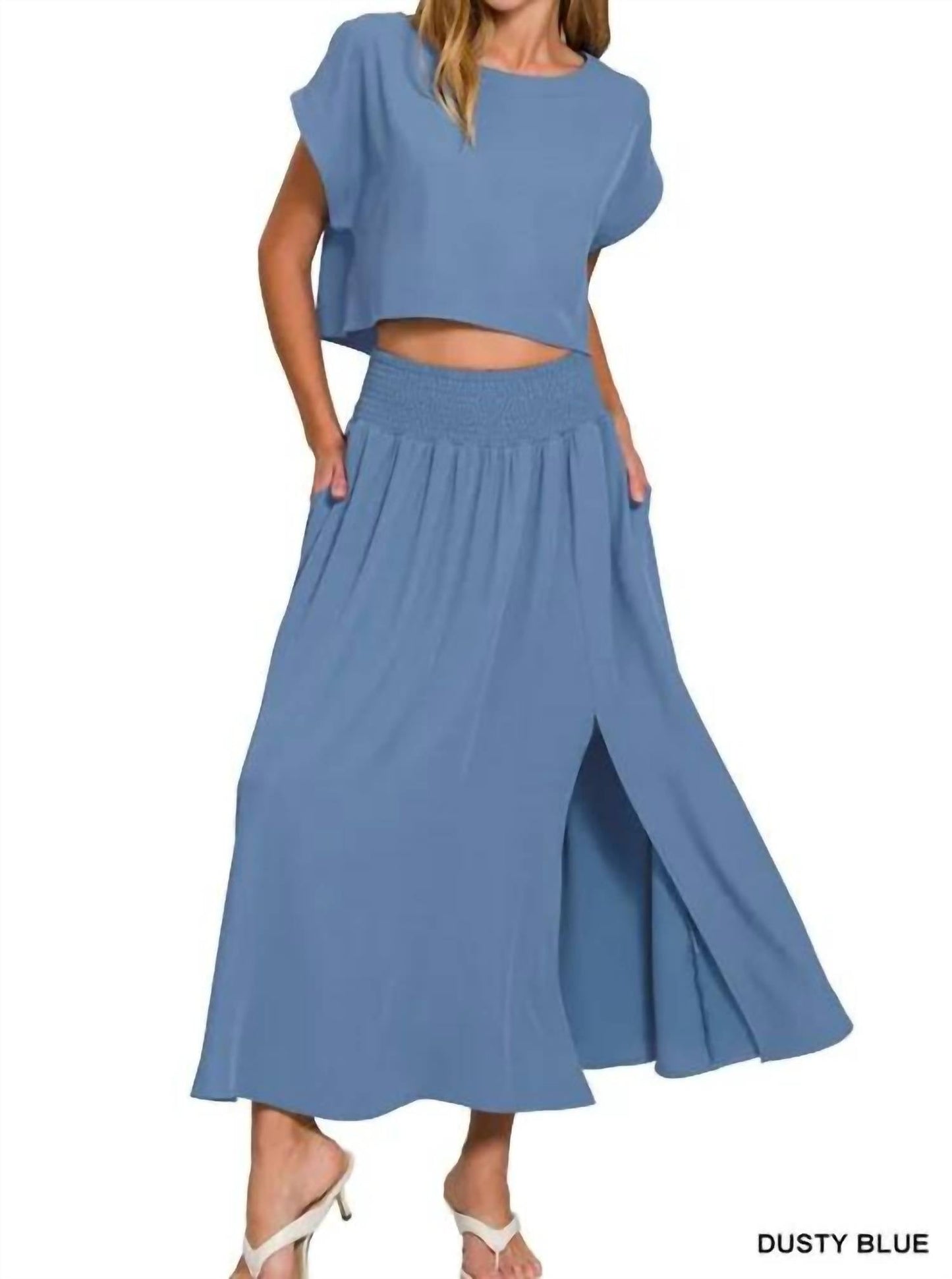 Zenana - Woven Crinkle Gauze Crop Tee And Skirt Set