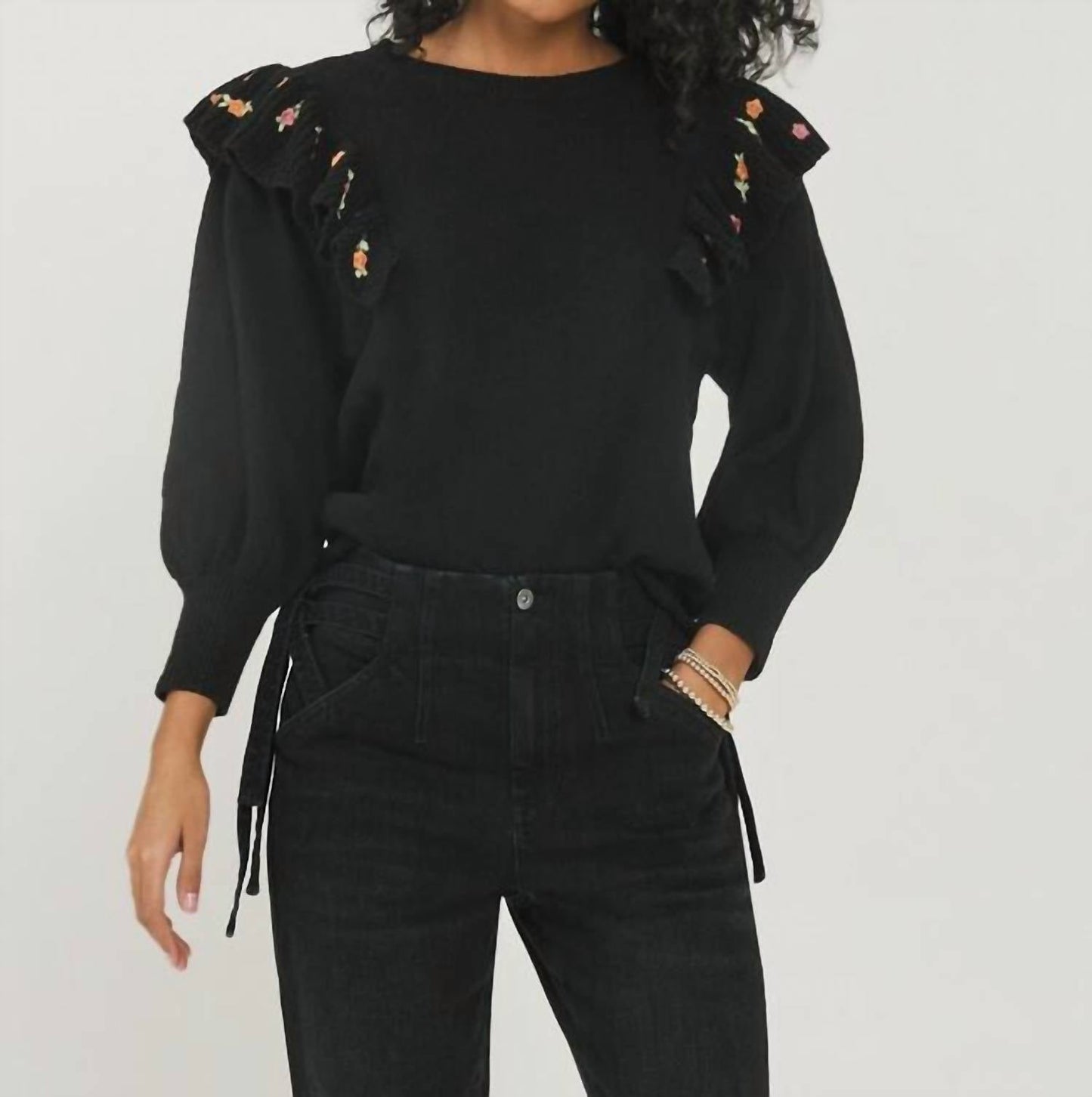 Something Navy - LOUISE EMBROIDERED RUFFLE SWEATER