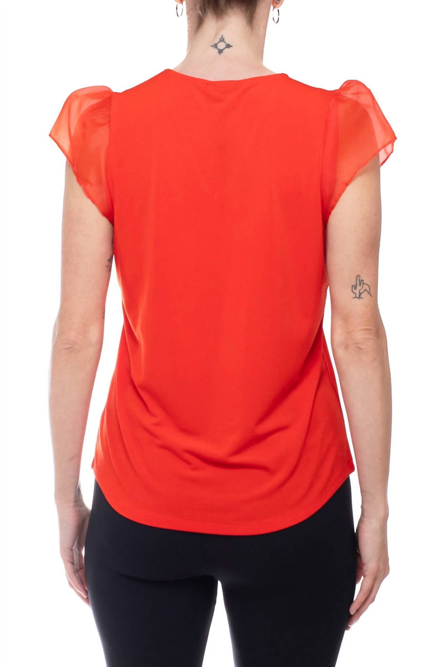 Adrianna Papell - V-neck Organza Flutter Sleeve Solid Moss Crepe Top