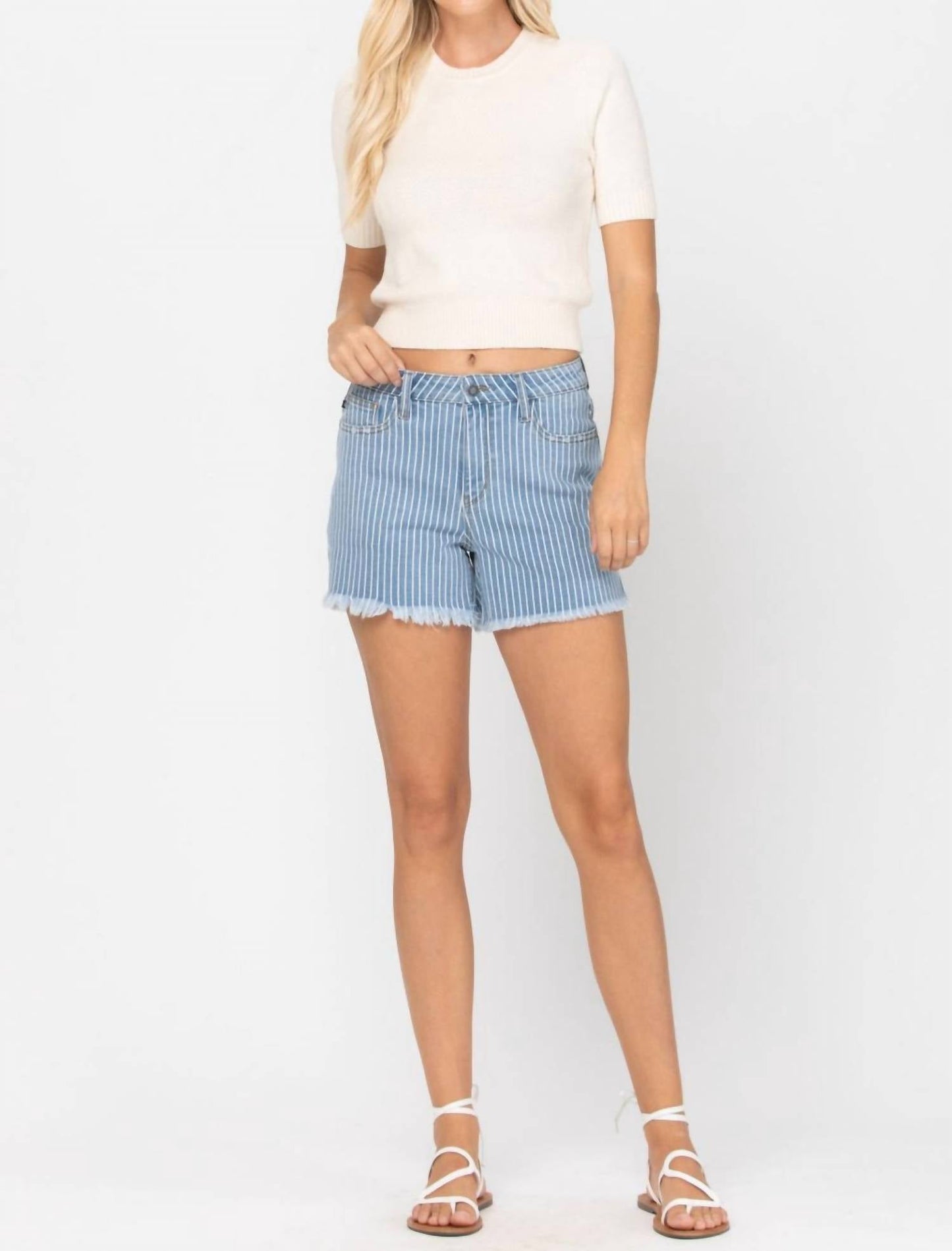 Judy Blue - Striped Cut Off High Waist Shorts