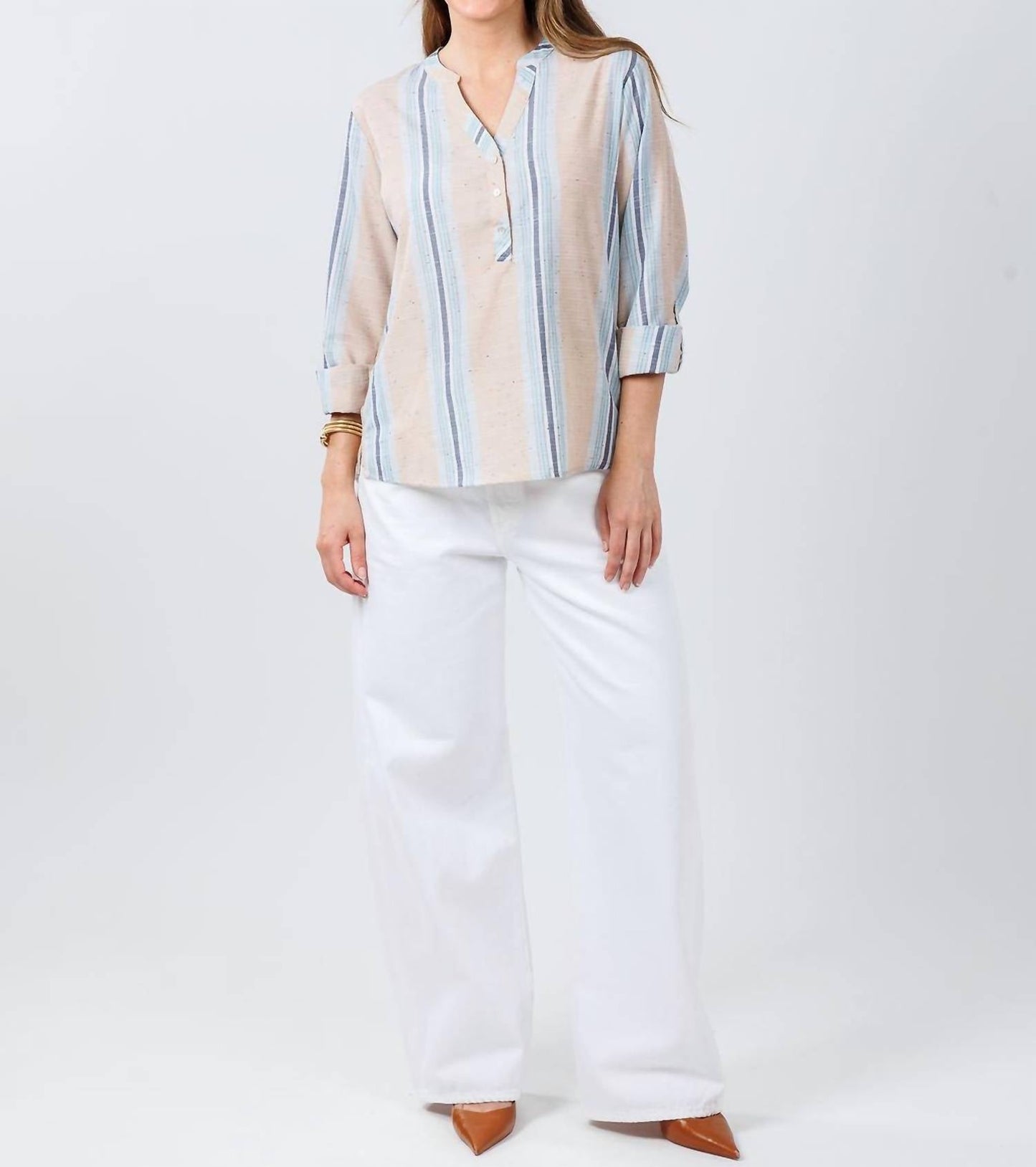 Billy T - Belize Stripe Roll Tab Sleeve Popover Shirt
